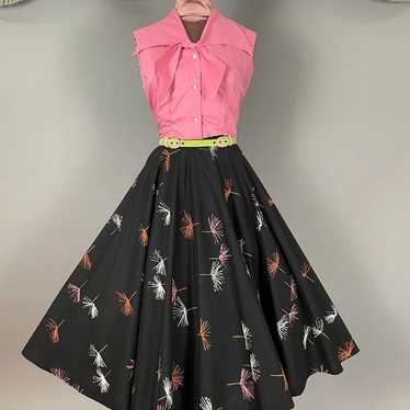 1950s dress set vintage 50s PINK GREEN BLACK cott… - image 1
