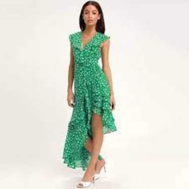Lulus Cornelia Dress Wrap Ruffle Green Floral Asym