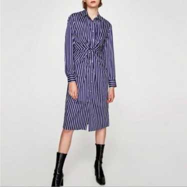 Zara Woman Blue Striped Button Front Midi Shirt D… - image 1