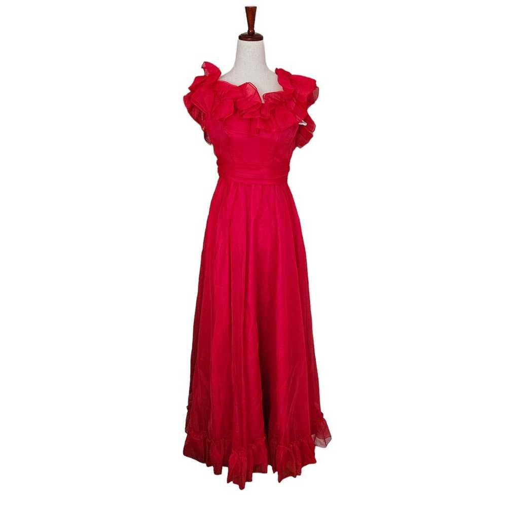 Vintage Red Ciffon 70s Handmade Prom Dress Empire… - image 1