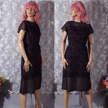 Vintage 60s Dress 1960s Black Silk Chiffon Wiggle… - image 1