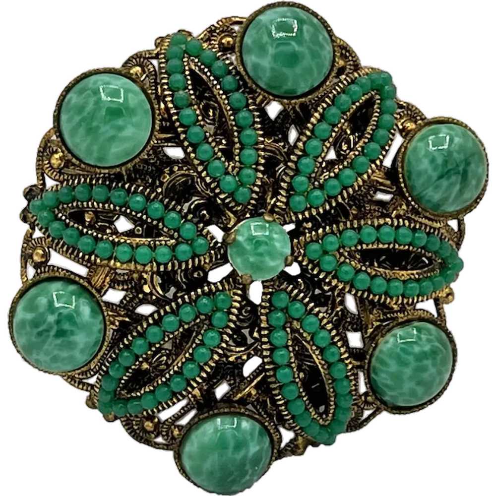 West Germany Round Filigree and Green Stone Brooc… - image 1