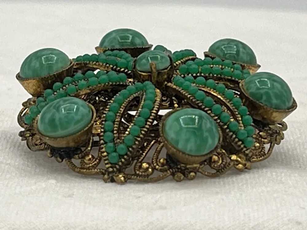 West Germany Round Filigree and Green Stone Brooc… - image 2