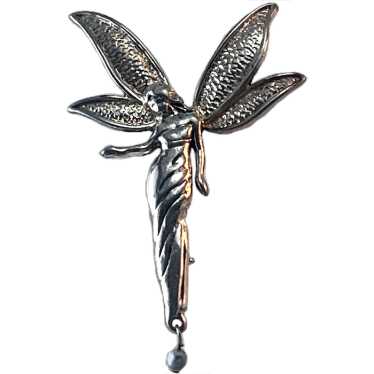 Signed Liz Claiborne Silver Tone Fairy Brooch - 3… - image 1