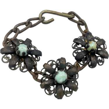 Pre-War Brass Color Chain with Filigree & Simulat… - image 1