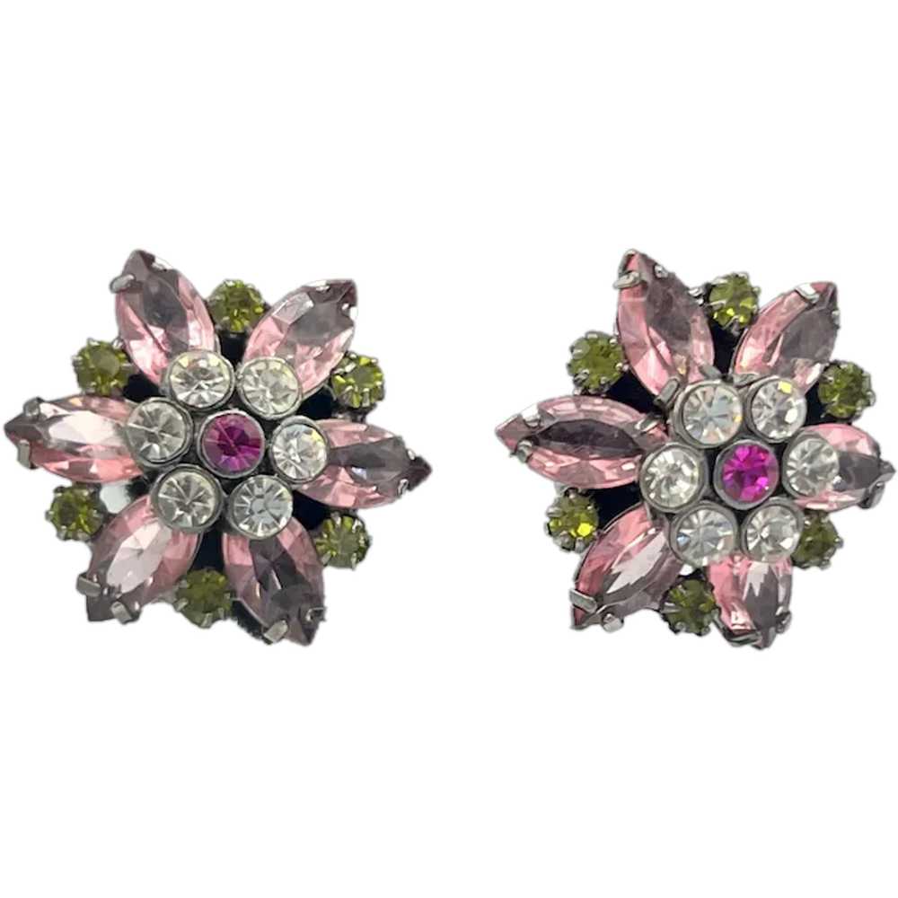 Avon Flower Pink Rhinestone Button Clip on Earrin… - image 1