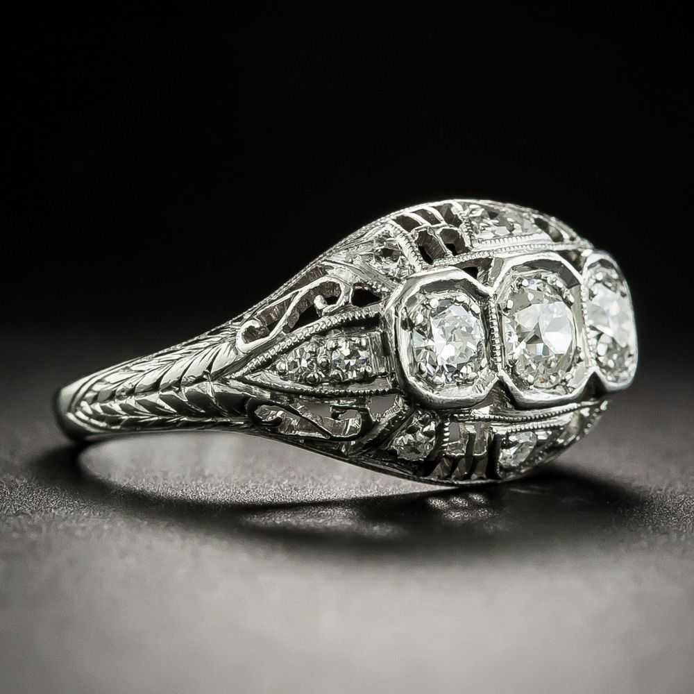 Art Deco Three-Stone Diamond Platinum Ring - image 2