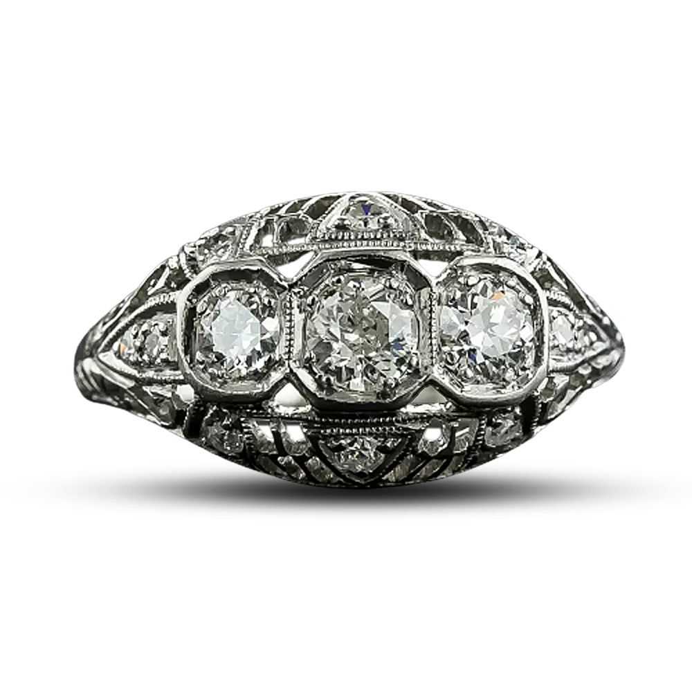 Art Deco Three-Stone Diamond Platinum Ring - image 5