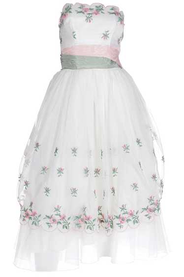 1950s Emma Domb White Party Dress w Pink Roses & g