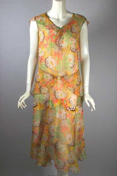 Orange yellow floral silk chiffon 1929-1930 dress 