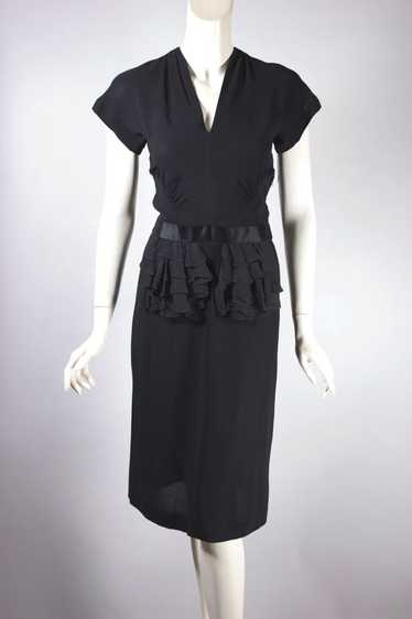 Ruffle peplum 1940s dress black crepe XXS