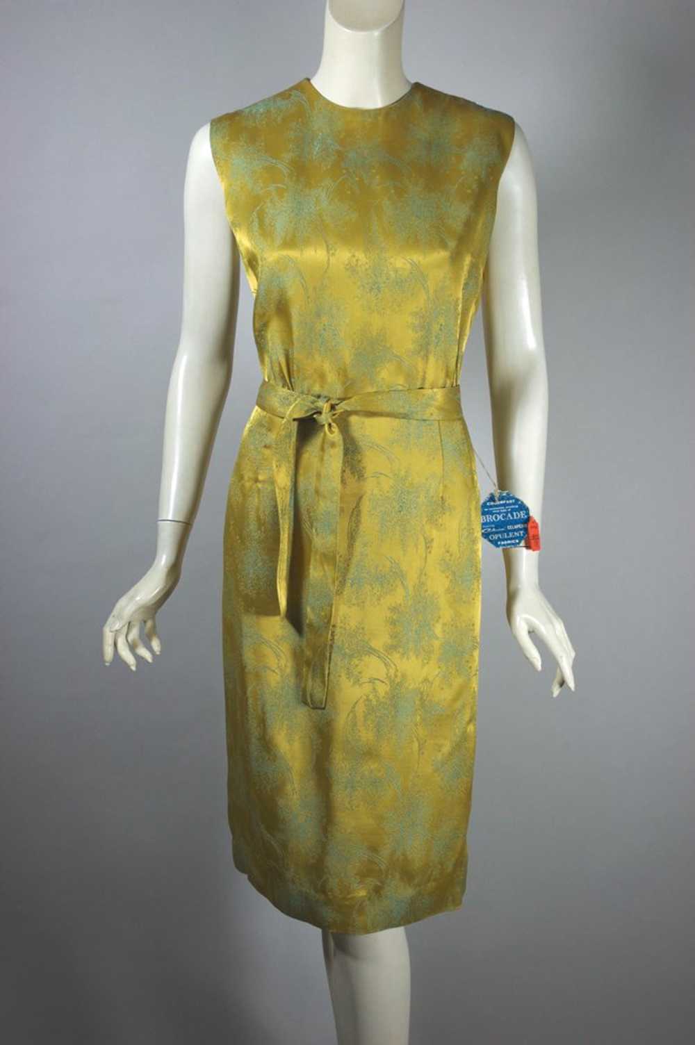 Gold aqua floral brocade 1960s cocktail dress dea… - image 1