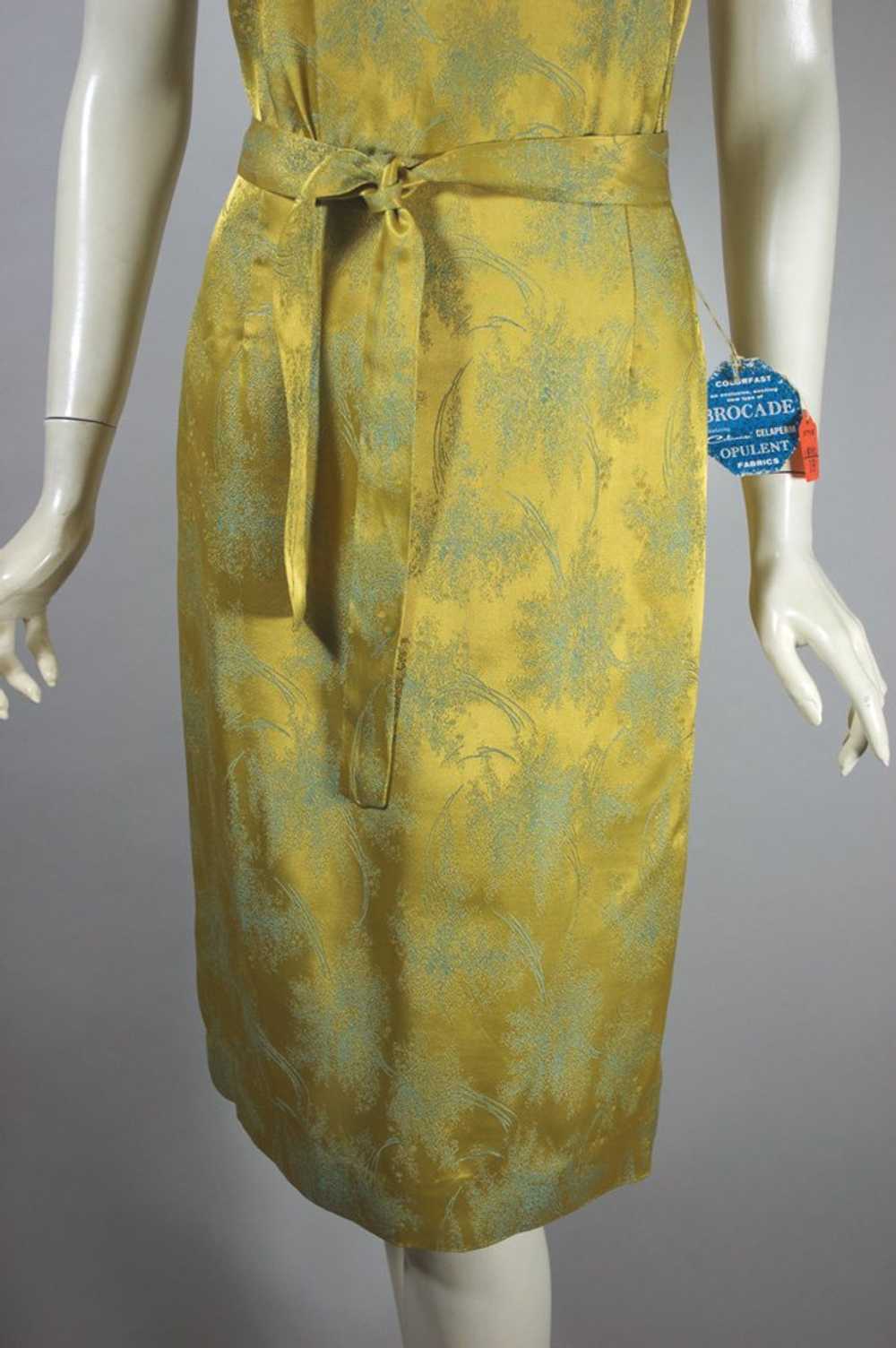 Gold aqua floral brocade 1960s cocktail dress dea… - image 2