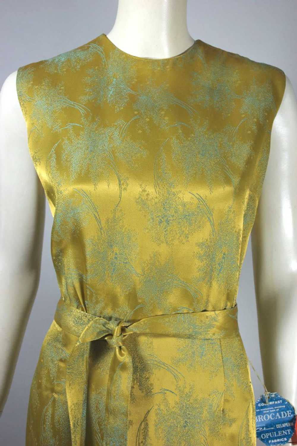 Gold aqua floral brocade 1960s cocktail dress dea… - image 3