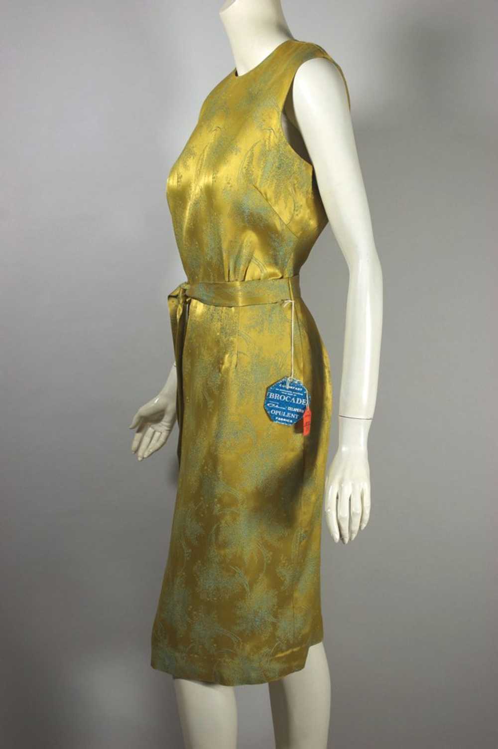 Gold aqua floral brocade 1960s cocktail dress dea… - image 6