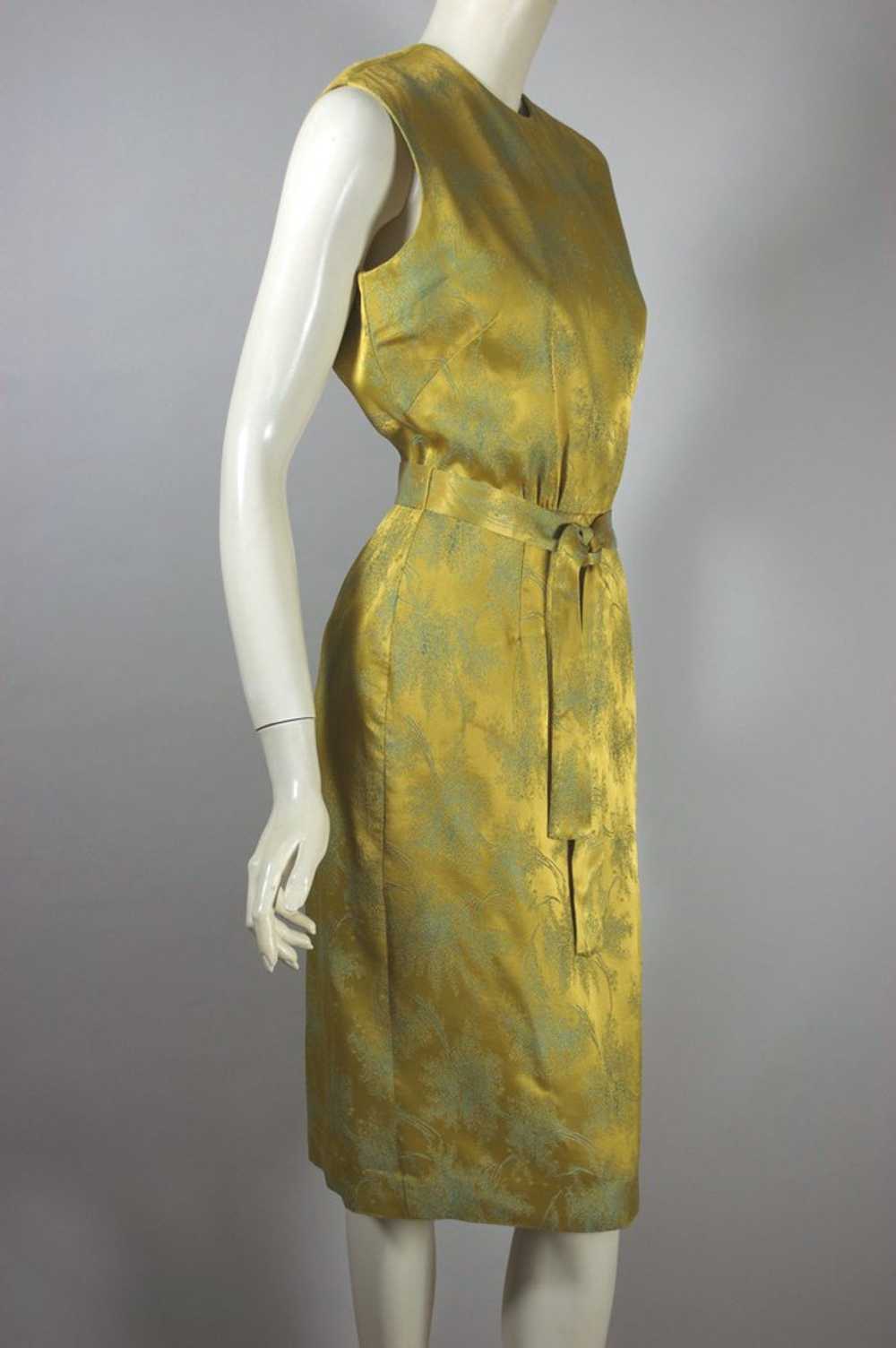 Gold aqua floral brocade 1960s cocktail dress dea… - image 7