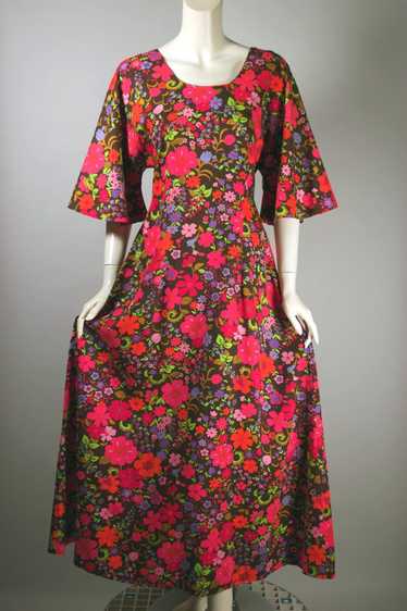Dayglo floral barkcloth maxi caftan dress late 196