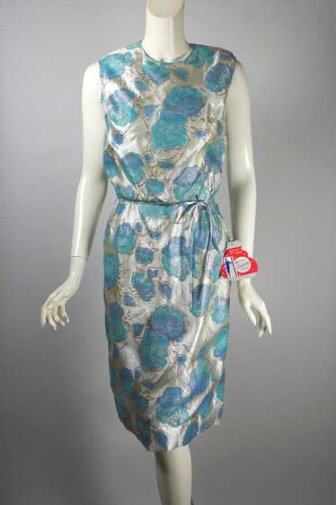 Silver metallic aqua rose 1960s floral cocktail dr