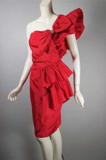 1-shoulder ruffled red 80s party dress with bow XS - image 1