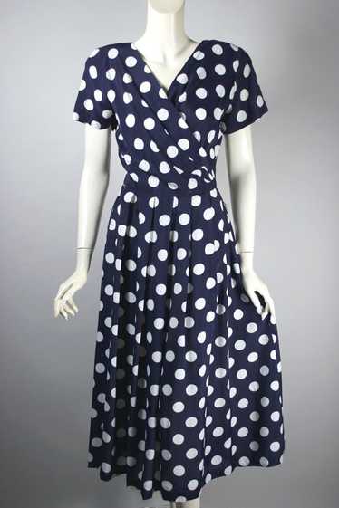 Navy white polka dot 80s dress full pleated skirt… - image 1