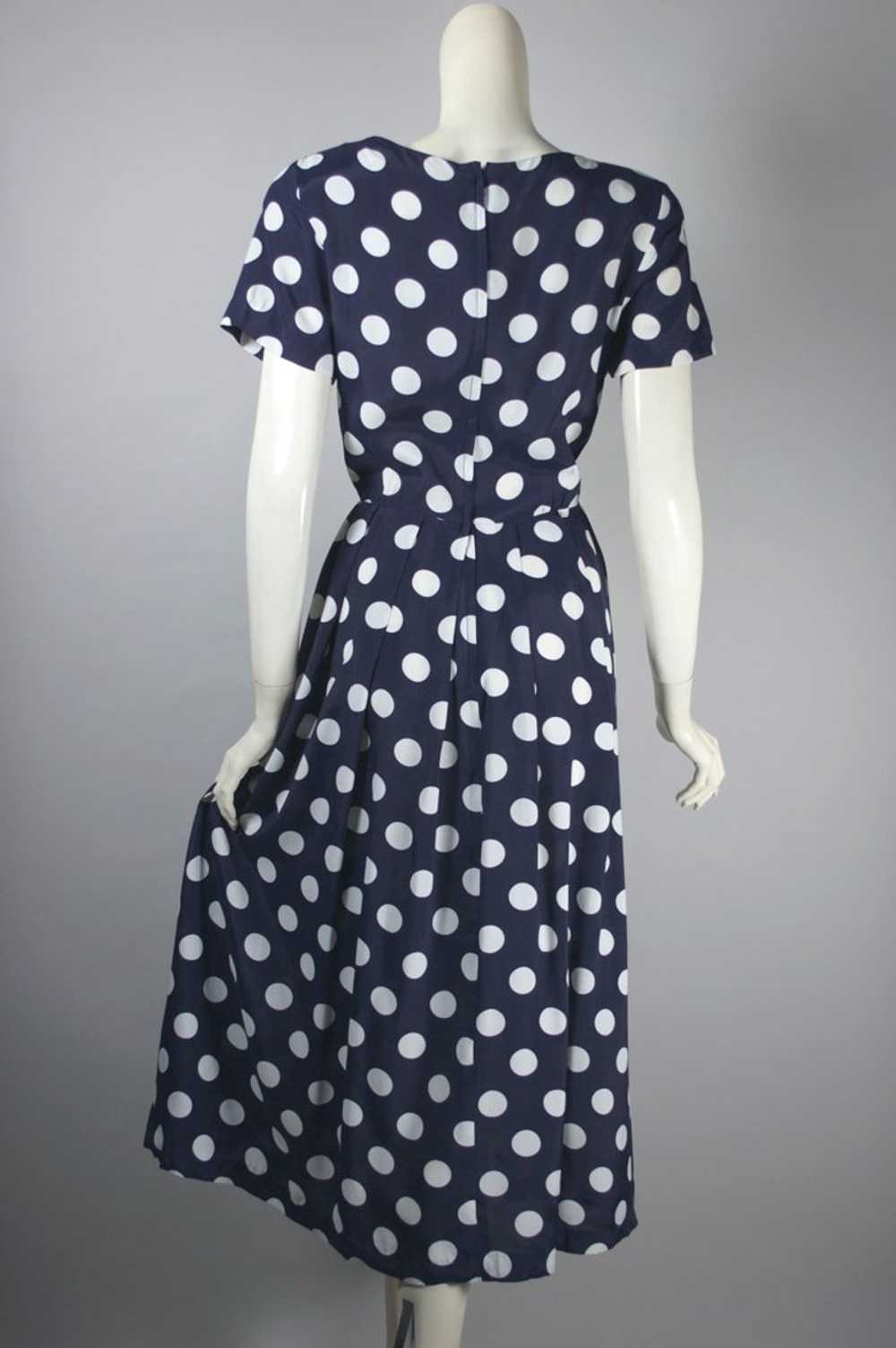 Navy white polka dot 80s dress full pleated skirt… - image 6