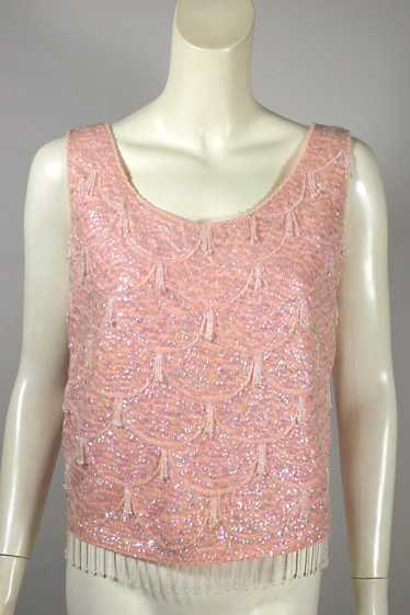 Pink beaded evening top 1960s sequins wool knit S-