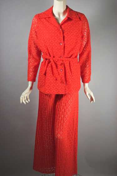 Hot orange sheer lace 70s bellbottom pantsuit M