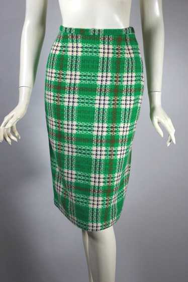 Green plaid wool 1960s pencil skirt deadstock XS
