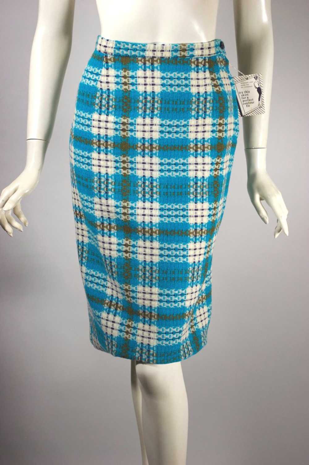 Aqua plaid wool 1960s pencil skirt deadstock XS - Gem