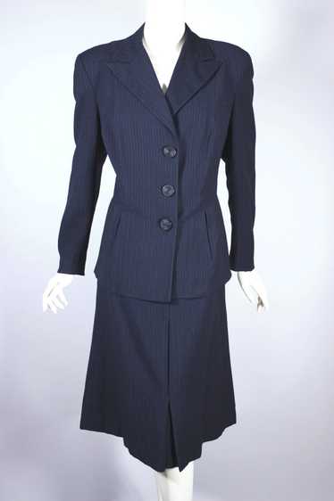 Navy blue pinstripe wool 1940s WWII-era skirt suit