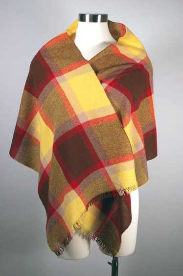 Brown yellow red plaid wool 1950s large scarf wrap