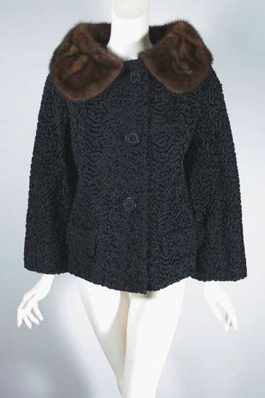 Black curly faux fur jacket 1960s brown mink colla