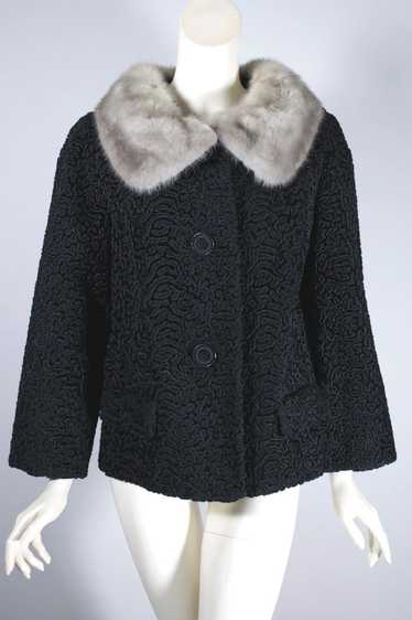 Black curly faux fur jacket 1960s silver mink col… - image 1