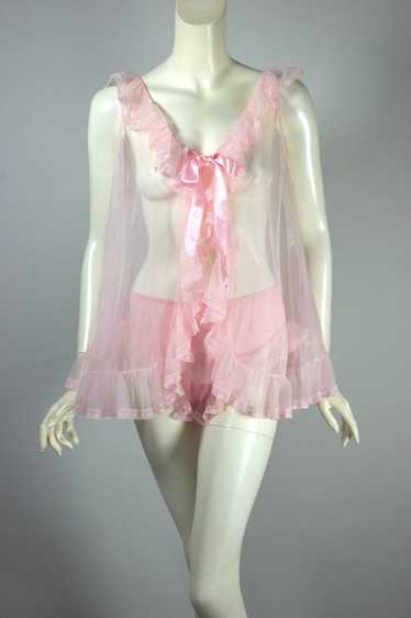 Sheer pink nylon 1960s baby doll lingerie set S-M