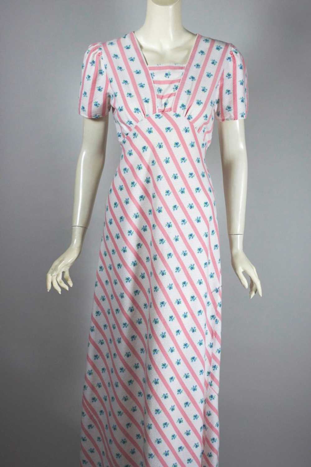 Pink white stripe floral 1930s 40s flannel nightg… - image 2