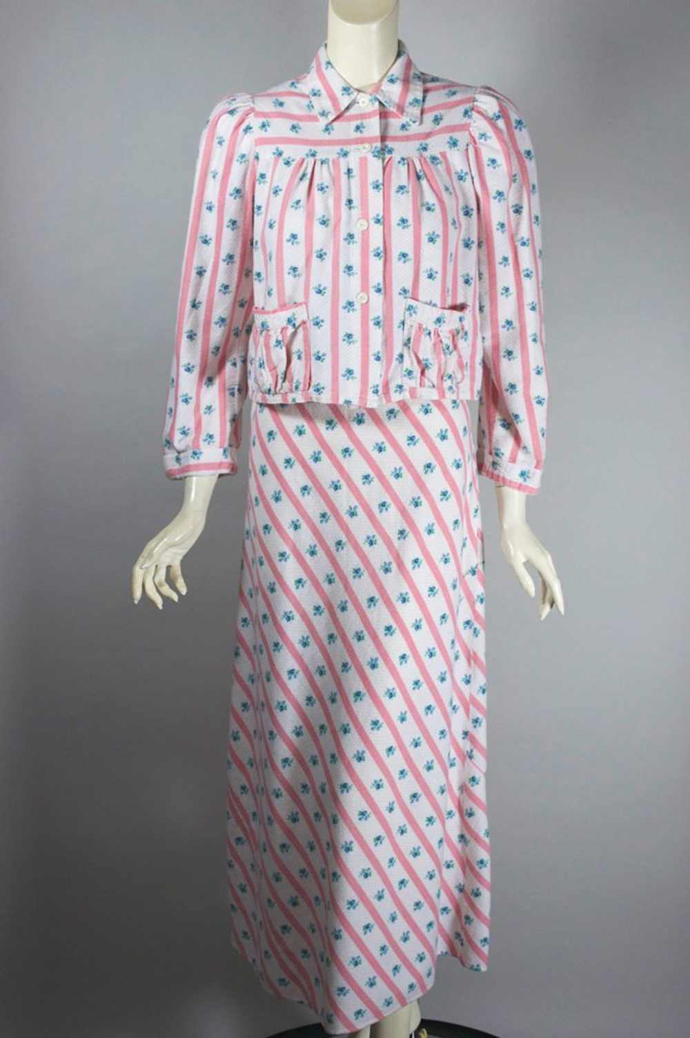 Pink white stripe floral 1930s 40s flannel nightg… - image 9