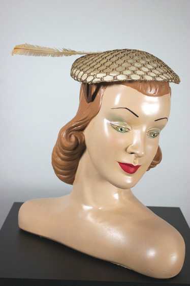 Ecru tan 1950s flat beret hat feather and mesh tri