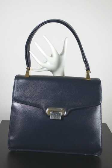 Navy blue leather handbag shoulder bag 1960s Koret