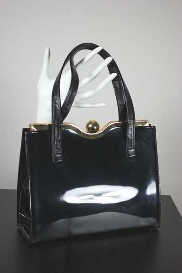 Black patent handbag 1960s frame bag purse