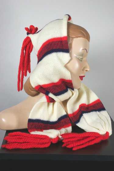 1940s-50s pixie hat with scarf cream knit wool red