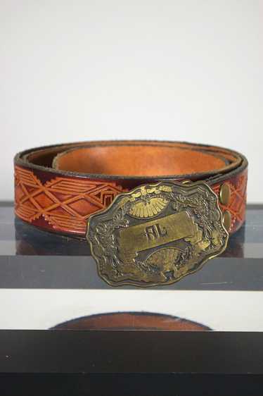 70s belt with "Al" brass buckle brown tooled leath