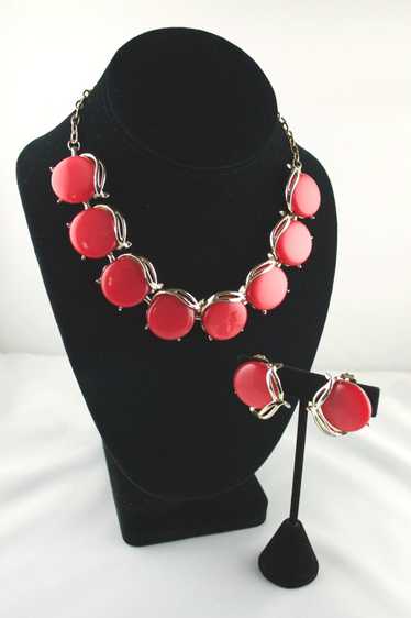 Red moonglow lucite link necklace set 1950s