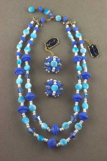 Corocraft 1950s necklace set blue white art glass 