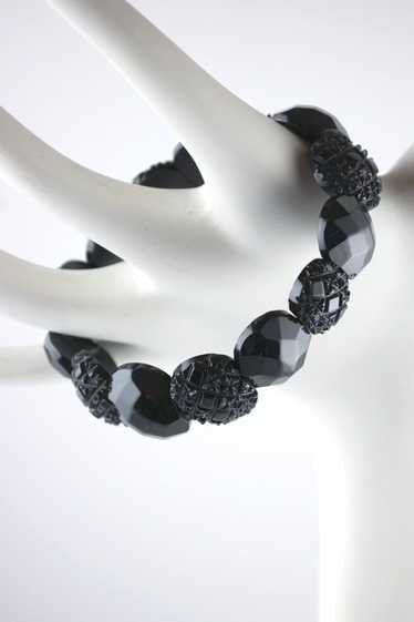 Carved black Bakelite links stretch bracelet 1930s
