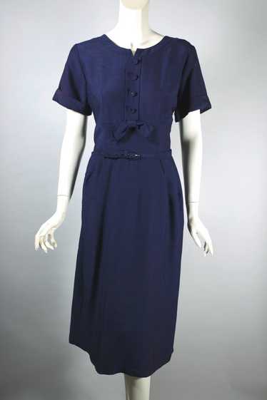 Royal blue bow trimmed 1950s dress deadstock M