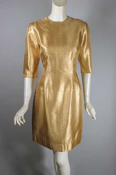 Metallic gold early 1960s hourglass cocktail dress