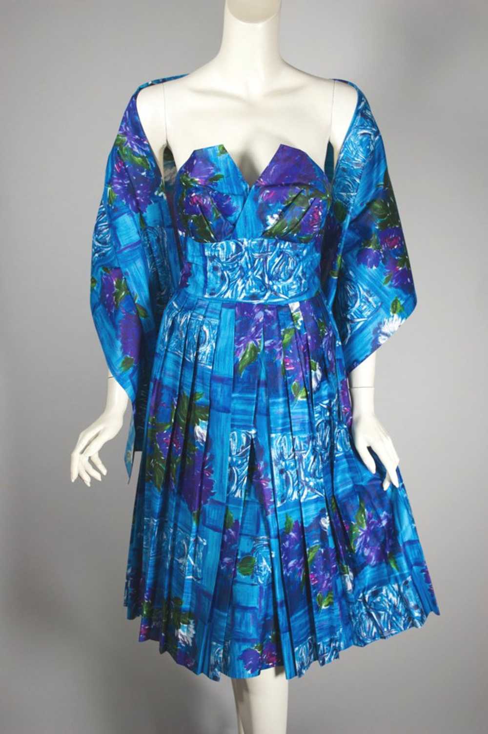 Aqua floral strapless 1950s cotton dress petal bu… - image 1