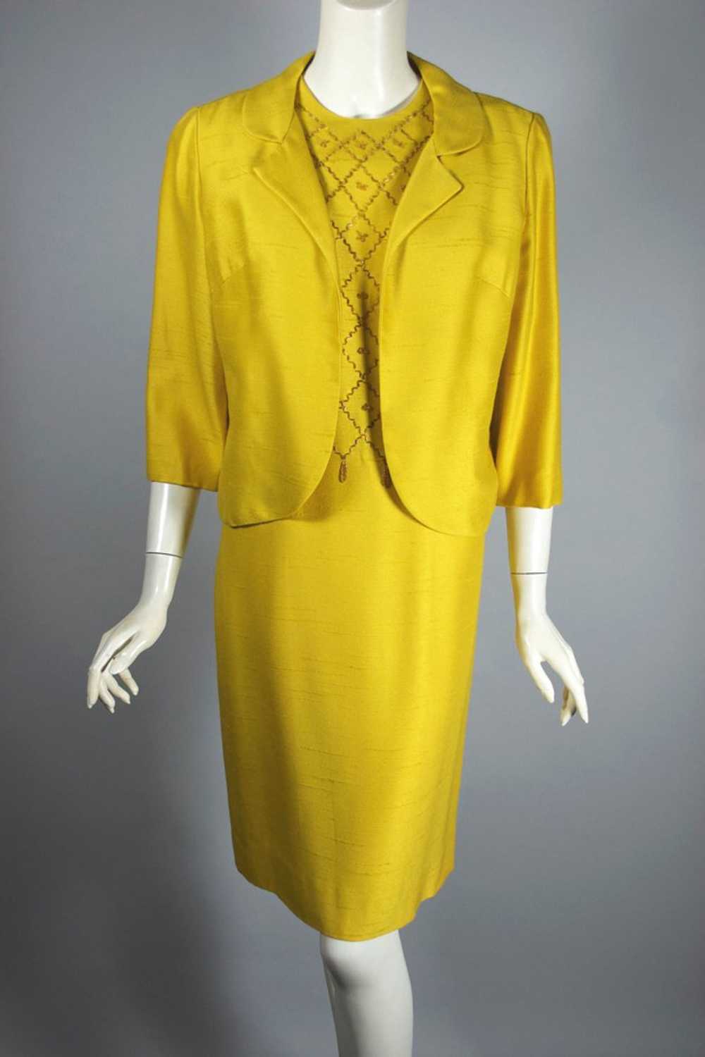 Golden yellow beaded 1960s sheath dress jacket se… - image 1