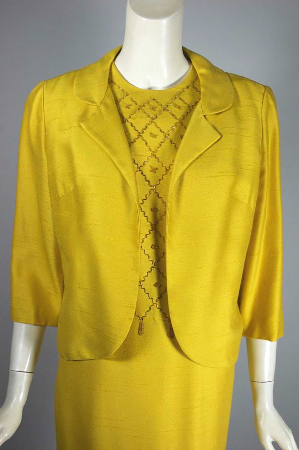 Golden yellow beaded 1960s sheath dress jacket se… - image 6