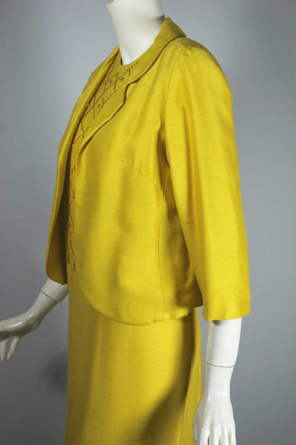 Golden yellow beaded 1960s sheath dress jacket se… - image 7